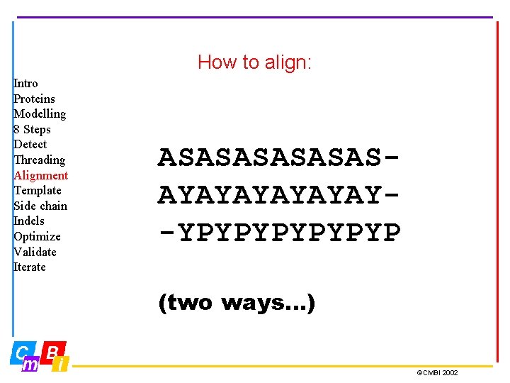 How to align: Intro Proteins Modelling 8 Steps Detect Threading Alignment Template Side chain