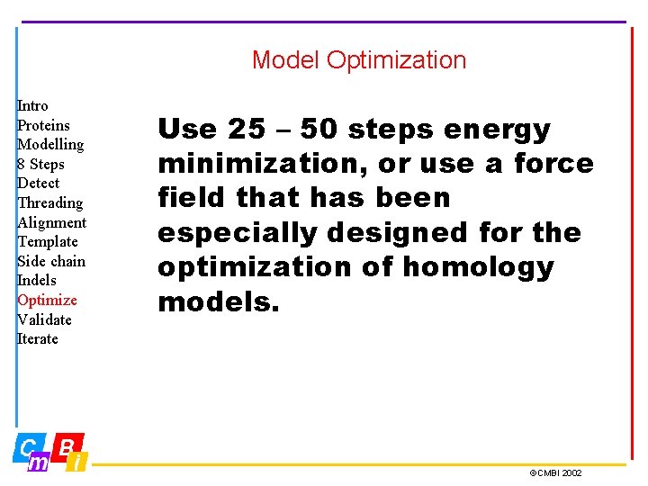 Model Optimization Intro Proteins Modelling 8 Steps Detect Threading Alignment Template Side chain Indels