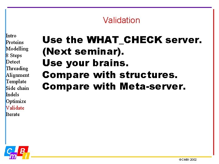 Validation Intro Proteins Modelling 8 Steps Detect Threading Alignment Template Side chain Indels Optimize