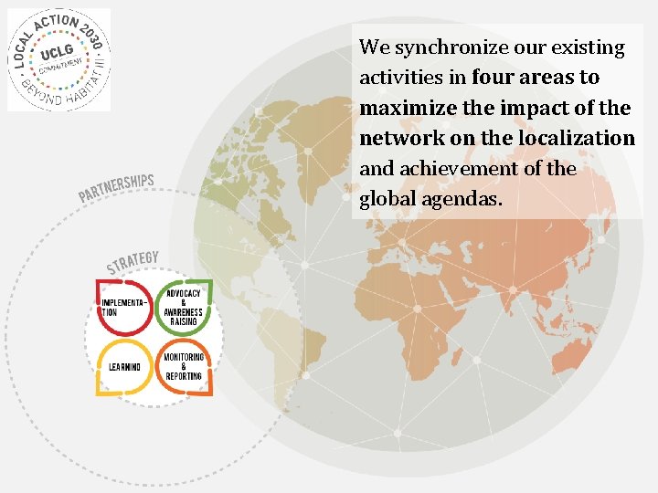 We synchronize our existing activities in four areas to maximize the impact of the