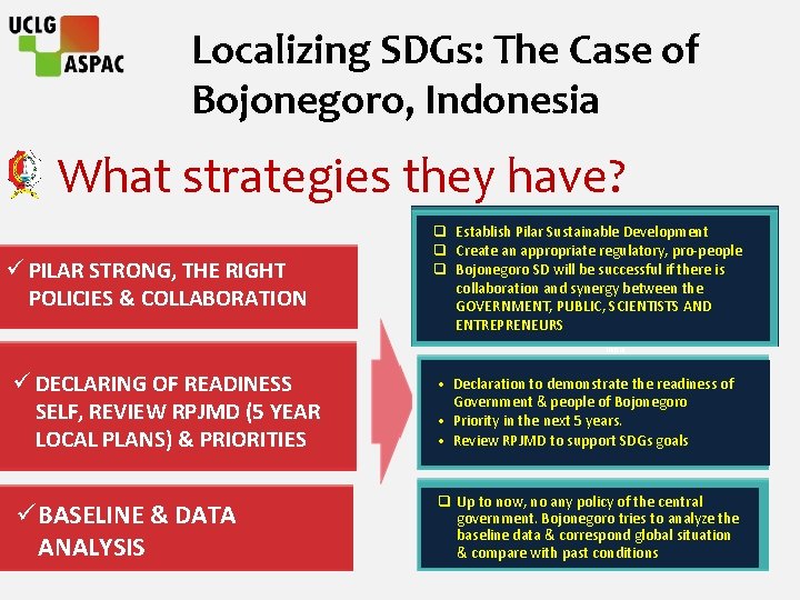 Localizing SDGs: The Case of Bojonegoro, Indonesia What strategies they have? ü PILAR STRONG,