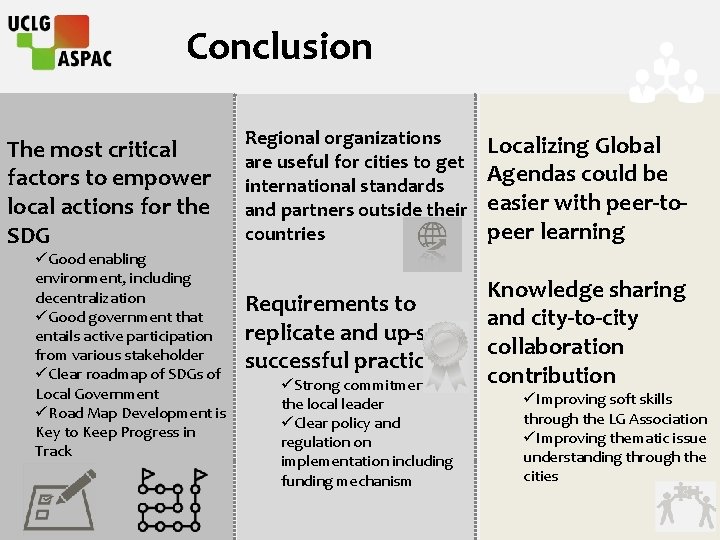 Conclusion The most critical factors to empower local actions for the SDG üGood enabling