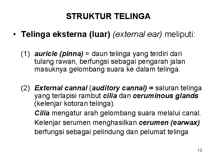 STRUKTUR TELINGA • Telinga eksterna (luar) (external ear) meliputi: (1) auricle (pinna) = daun