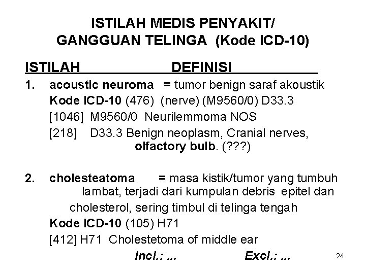 ISTILAH MEDIS PENYAKIT/ GANGGUAN TELINGA (Kode ICD-10) ISTILAH DEFINISI 1. acoustic neuroma = tumor
