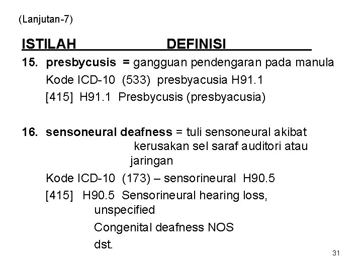 (Lanjutan-7) ISTILAH DEFINISI 15. presbycusis = gangguan pendengaran pada manula Kode ICD-10 (533) presbyacusia