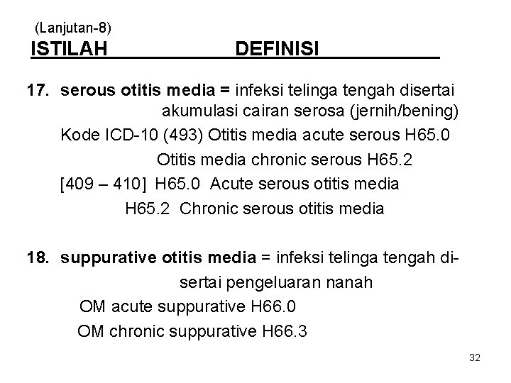 (Lanjutan-8) ISTILAH DEFINISI 17. serous otitis media = infeksi telinga tengah disertai akumulasi cairan