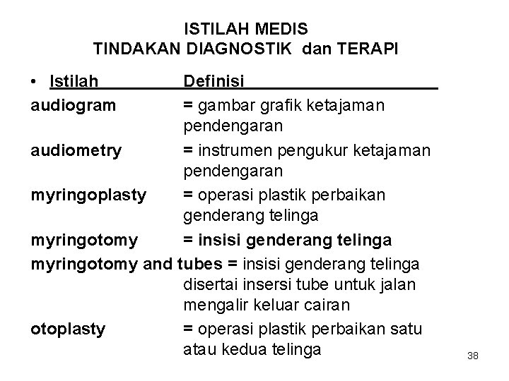 ISTILAH MEDIS TINDAKAN DIAGNOSTIK dan TERAPI • Istilah audiogram Definisi = gambar grafik ketajaman