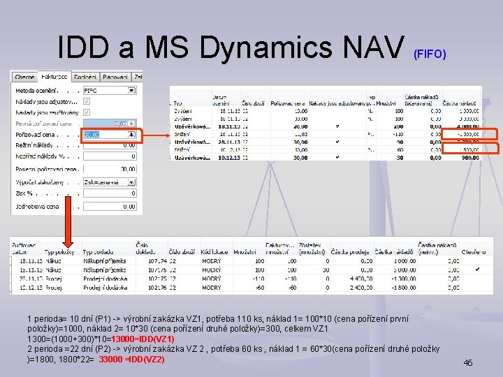 IDD a MS Dynamics NAV (FIFO) 1 perioda= 10 dní (P 1) -> výrobní