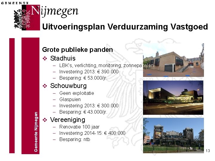 Uitvoeringsplan Verduurzaming Vastgoed Grote publieke panden v Stadhuis – LBK’s, verlichting, monitoring, zonnepanelen – Uitvoeringsplan Verduurzaming Vastgoed Grote publieke panden v Stadhuis – LBK’s, verlichting, monitoring, zonnepanelen –