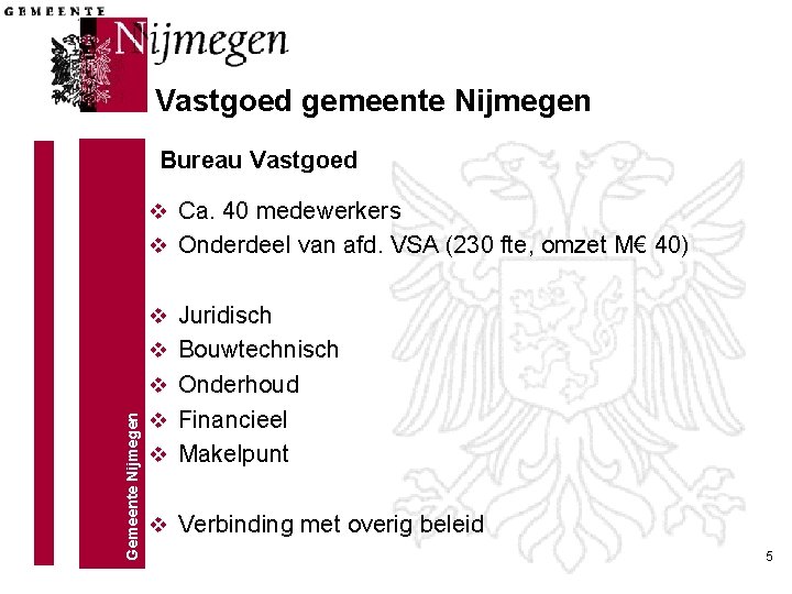 Vastgoed gemeente Nijmegen Bureau Vastgoed v Ca. 40 medewerkers v Onderdeel van afd. VSA Vastgoed gemeente Nijmegen Bureau Vastgoed v Ca. 40 medewerkers v Onderdeel van afd. VSA