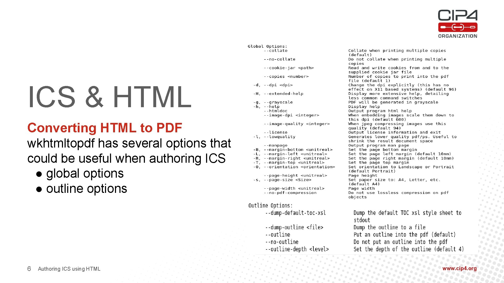 ICS & HTML Converting HTML to PDF wkhtmltopdf has several options that could be