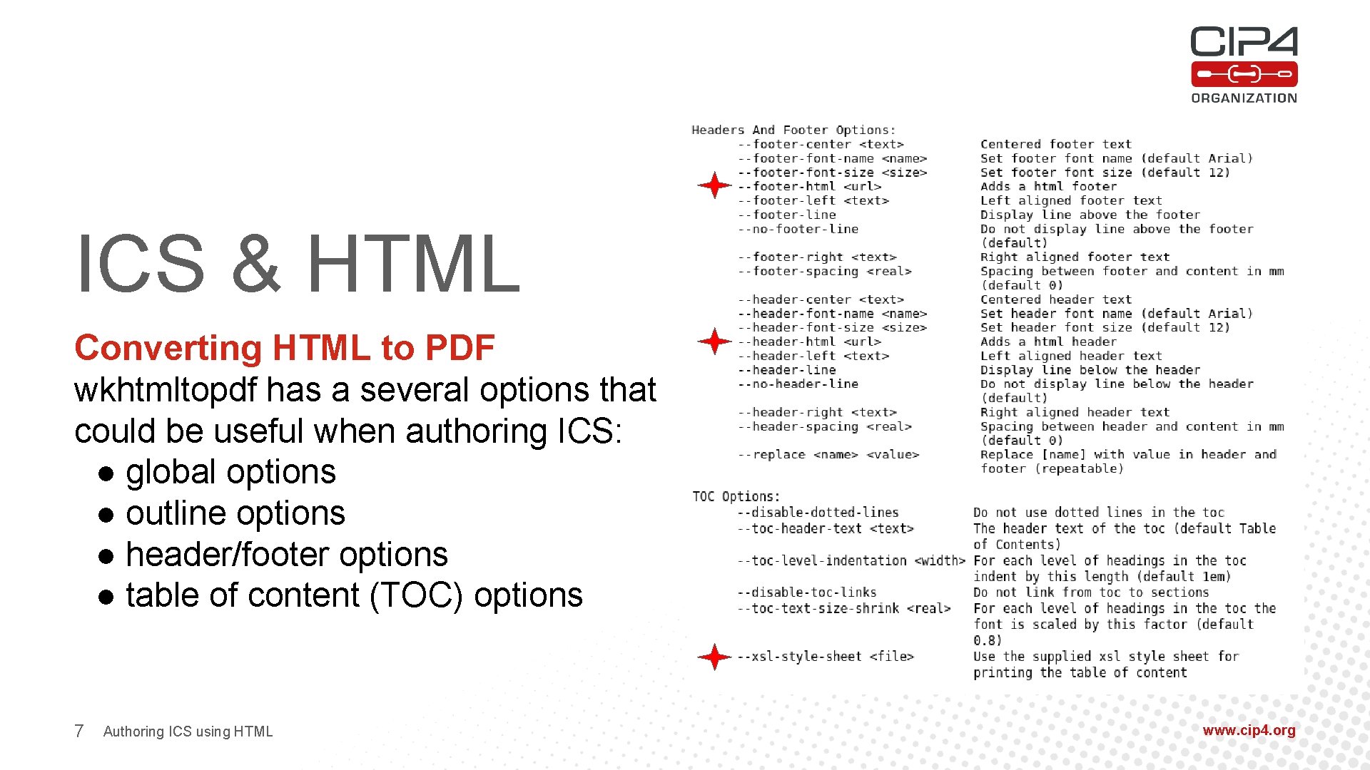 ICS & HTML Converting HTML to PDF wkhtmltopdf has a several options that could