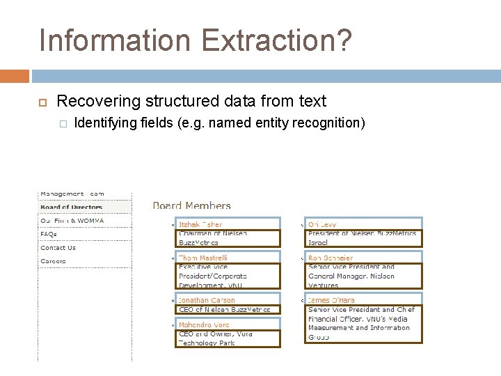 Information Extraction? Recovering structured data from text � Identifying fields (e. g. named entity