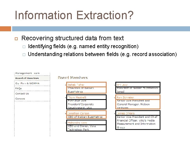 Information Extraction? Recovering structured data from text � � Identifying fields (e. g. named