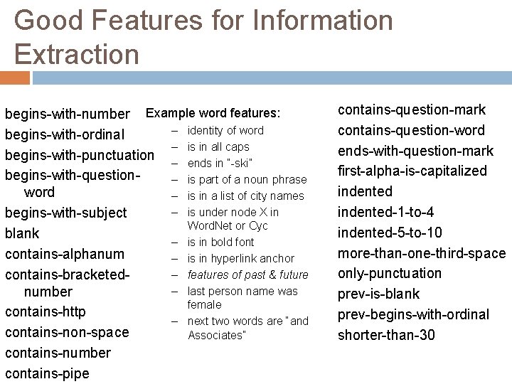 Good Features for Information Extraction begins-with-number Example word features: – identity of word begins-with-ordinal