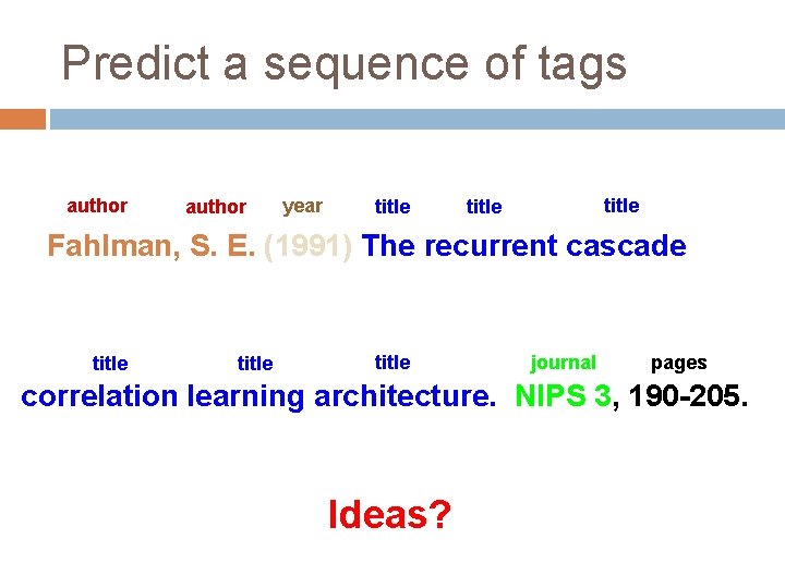 Predict a sequence of tags author year title Fahlman, S. E. (1991) The recurrent