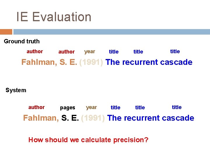 IE Evaluation Ground truth author year title Fahlman, S. E. (1991) The recurrent cascade