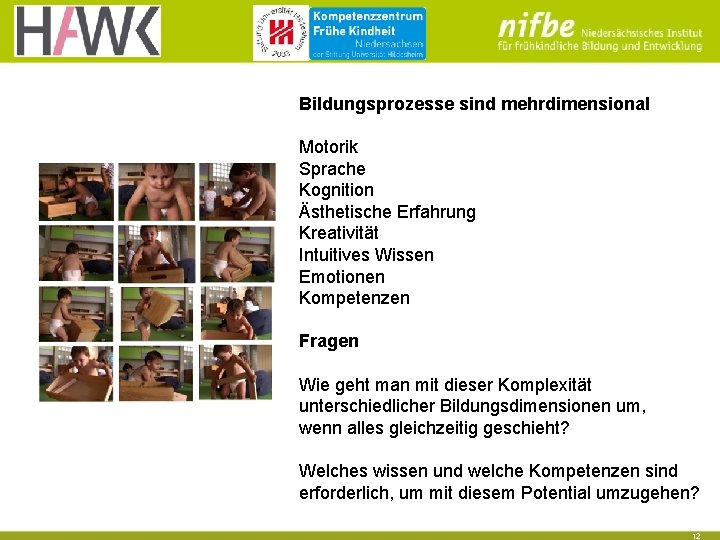 Bildungsprozesse sind mehrdimensional Motorik Sprache Kognition Ästhetische Erfahrung Kreativität Intuitives Wissen Emotionen Kompetenzen Fragen Bildungsprozesse sind mehrdimensional Motorik Sprache Kognition Ästhetische Erfahrung Kreativität Intuitives Wissen Emotionen Kompetenzen Fragen