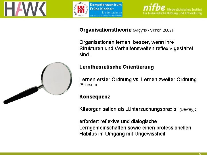 Organisationstheorie (Argyris / Schön 2002) Organisationen lernen besser, wenn ihre Strukturen und Verhaltenswelten reflexiv Organisationstheorie (Argyris / Schön 2002) Organisationen lernen besser, wenn ihre Strukturen und Verhaltenswelten reflexiv