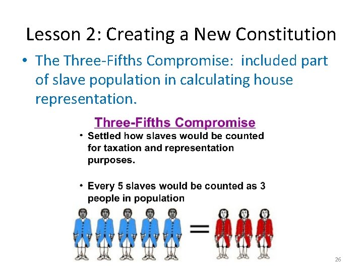 Lesson 2: Creating a New Constitution • The Three-Fifths Compromise: included part of slave