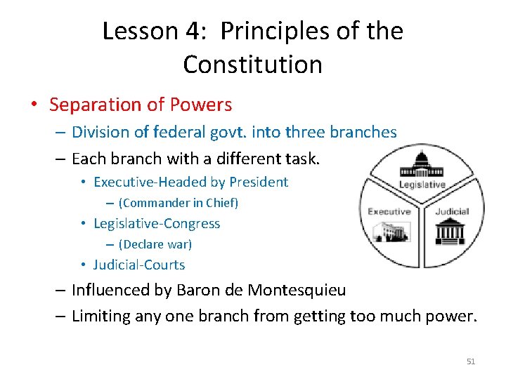 Lesson 4: Principles of the Constitution • Separation of Powers – Division of federal