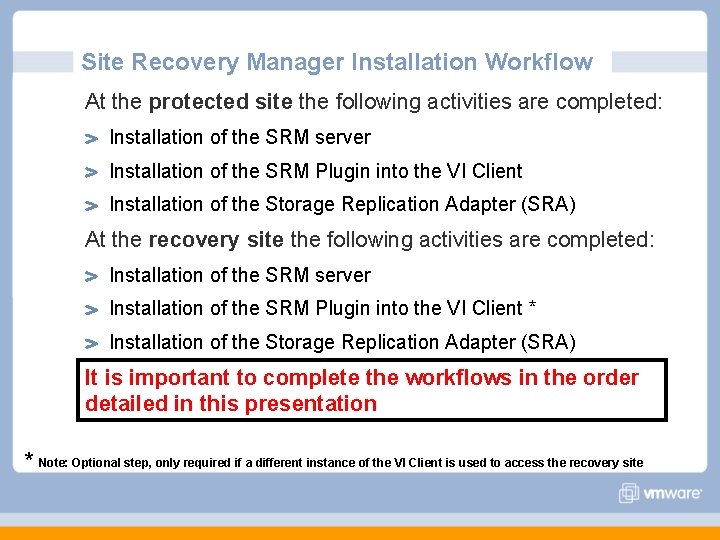 Site Recovery Manager Installation Workflow At the protected site the following activities are completed: Site Recovery Manager Installation Workflow At the protected site the following activities are completed:
