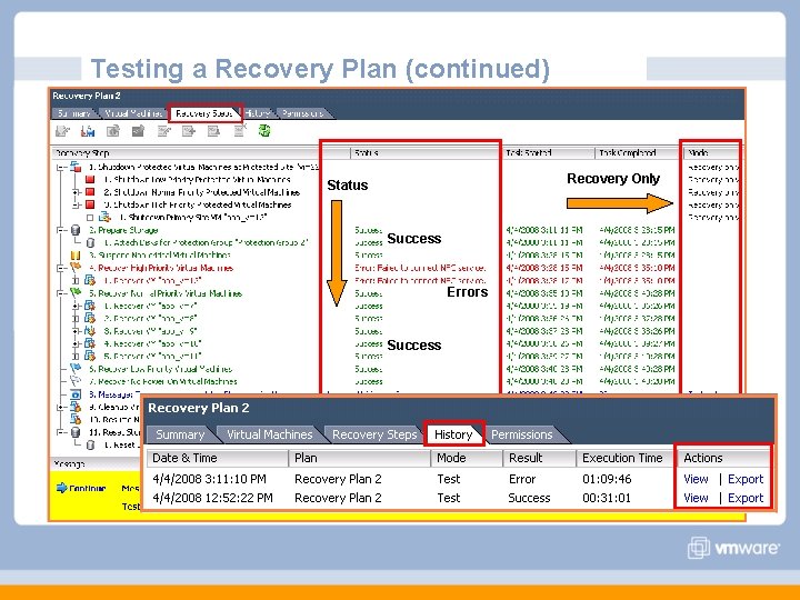 Testing a Recovery Plan (continued) Recovery Only Status Success Errors Success Waiting for Input Testing a Recovery Plan (continued) Recovery Only Status Success Errors Success Waiting for Input