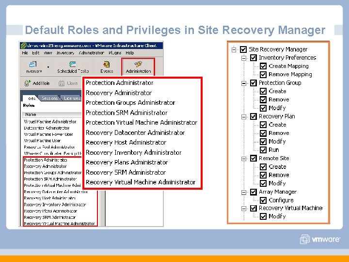 Default Roles and Privileges in Site Recovery Manager Default Roles and Privileges in Site Recovery Manager