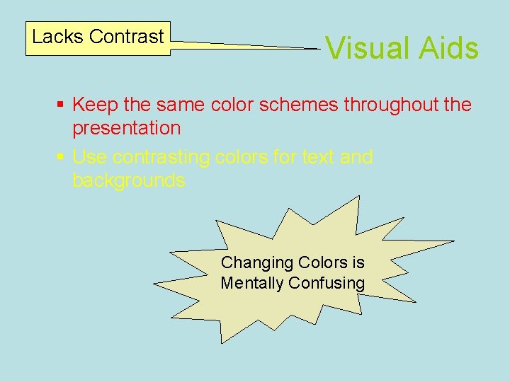 Lacks Contrast Visual Aids § Keep the same color schemes throughout the presentation §