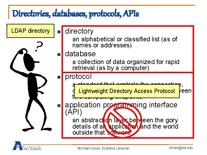 Directories, databases, protocols, APIs LDAP directory n directory an alphabetical or classified list (as