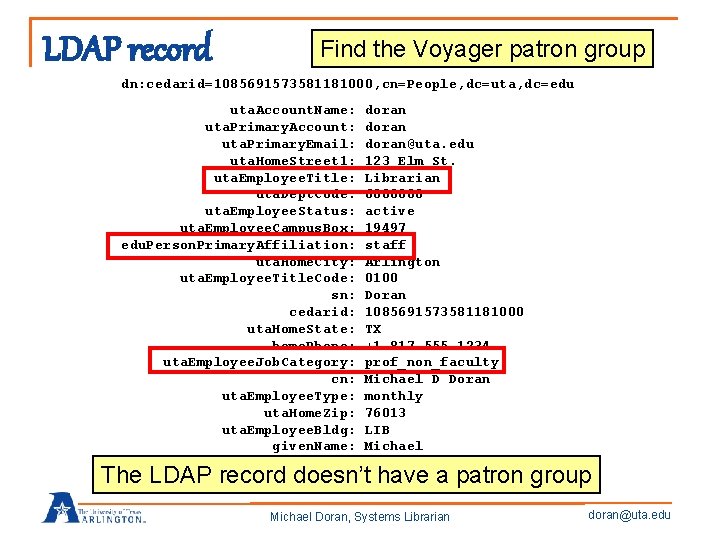 LDAP record Find the Voyager patron group dn: cedarid=1085691573581181000, cn=People, dc=uta, dc=edu uta. Account.