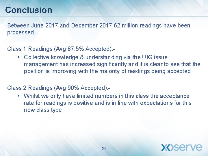 Conclusion Between June 2017 and December 2017 62 million readings have been processed. Class