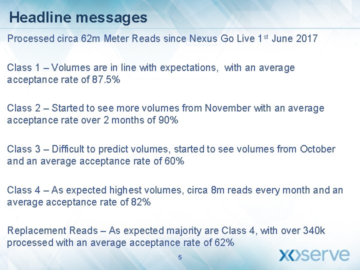 Headline messages Processed circa 62 m Meter Reads since Nexus Go Live 1 st