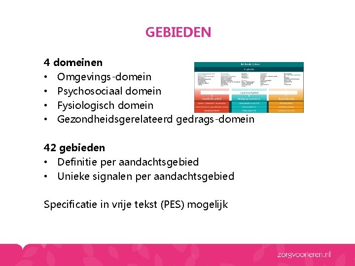 GEBIEDEN 4 domeinen • Omgevings-domein • Psychosociaal domein • Fysiologisch domein • Gezondheidsgerelateerd gedrags-domein