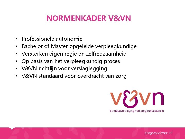 NORMENKADER V&VN • • • Professionele autonomie Bachelor of Master opgeleide verpleegkundige Versterken eigen