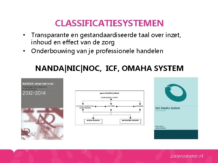 CLASSIFICATIESYSTEMEN • Transparante en gestandaardiseerde taal over inzet, inhoud en effect van de zorg