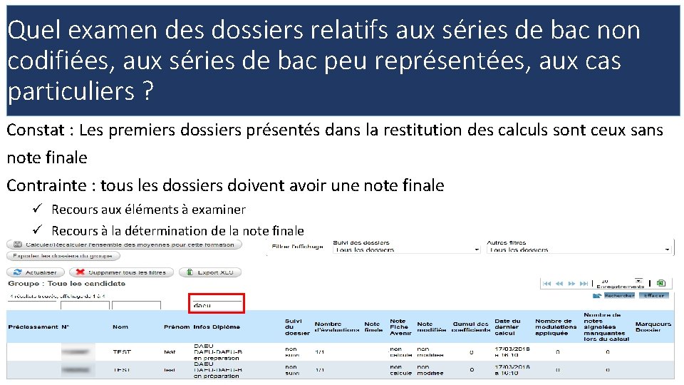 Quel examen des dossiers relatifs aux séries de bac non codifiées, aux séries de