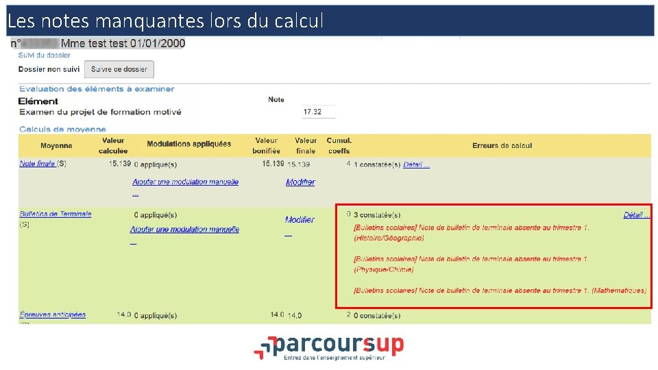 Les notes manquantes lors du calcul 