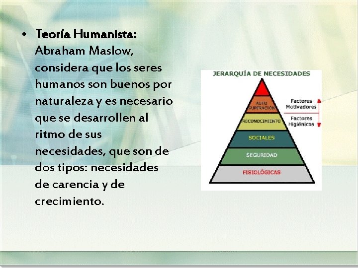  • Teoría Humanista: Abraham Maslow, considera que los seres humanos son buenos por