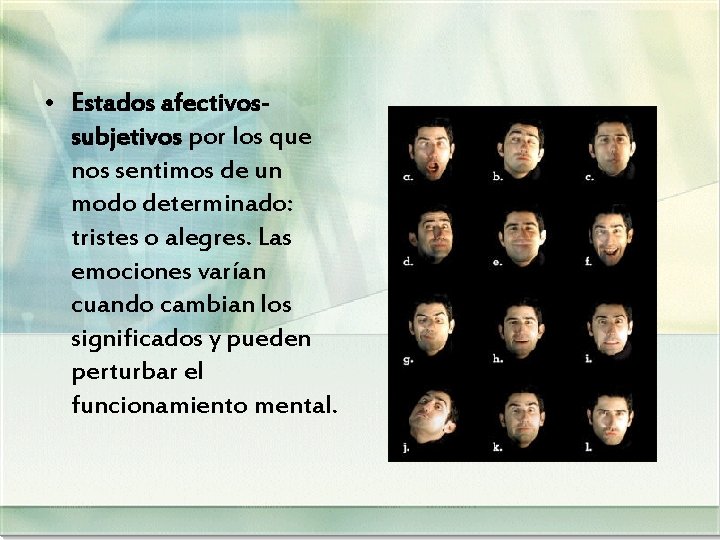  • Estados afectivossubjetivos por los que nos sentimos de un modo determinado: tristes