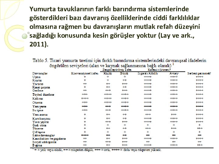 Yumurta tavuklarının farklı barındırma sistemlerinde gösterdikleri bazı davranış özelliklerinde ciddi farklılıklar olmasına rağmen bu