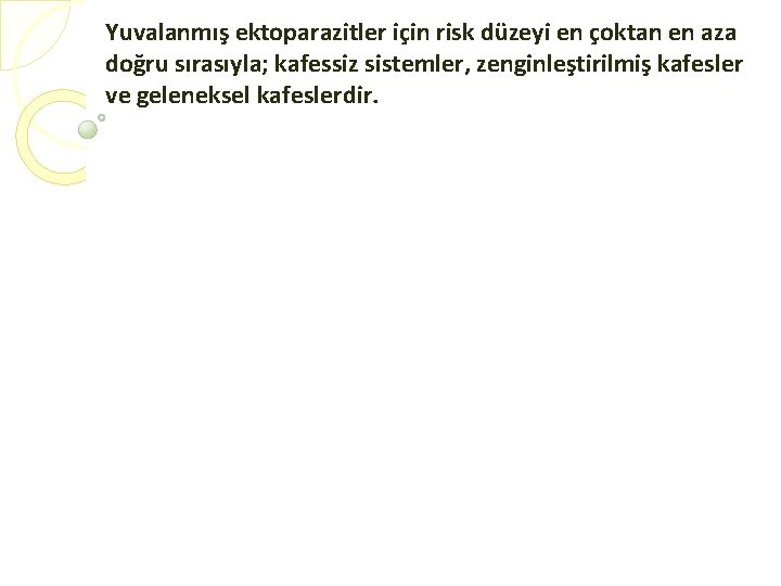 Yuvalanmış ektoparazitler için risk düzeyi en çoktan en aza doğru sırasıyla; kafessiz sistemler, zenginleştirilmiş