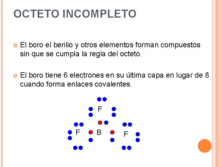 OCTETO INCOMPLETO El boro el berilio y otros elementos forman compuestos sin que se OCTETO INCOMPLETO El boro el berilio y otros elementos forman compuestos sin que se
