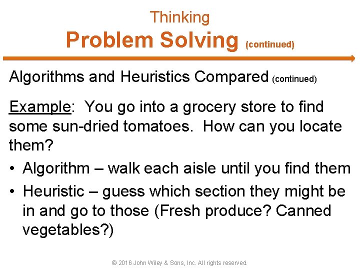 Thinking Problem Solving (continued) Algorithms and Heuristics Compared (continued) Example: You go into a