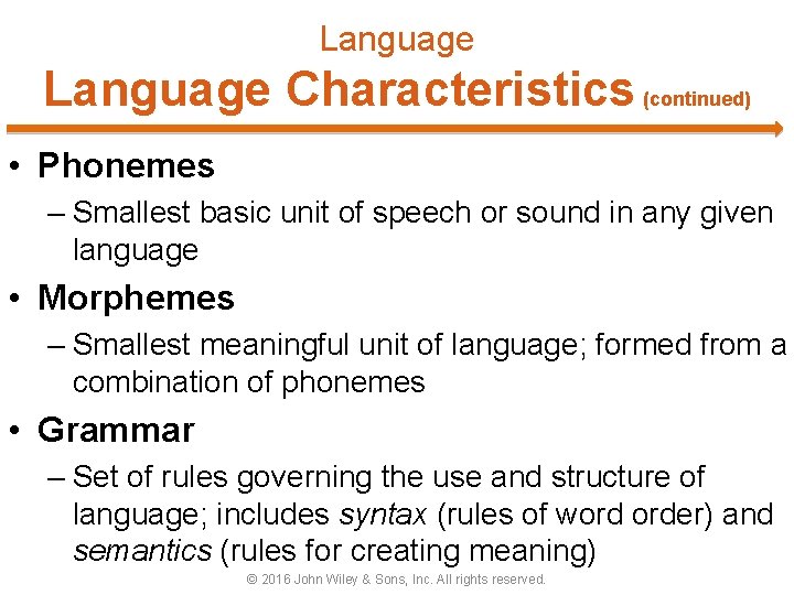 Language Characteristics (continued) • Phonemes – Smallest basic unit of speech or sound in