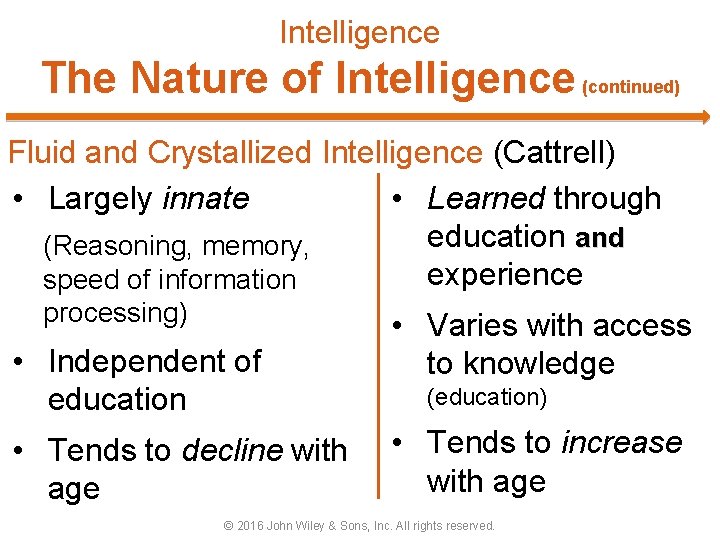 Intelligence The Nature of Intelligence (continued) Fluid and Crystallized Intelligence (Cattrell) • Largely innate