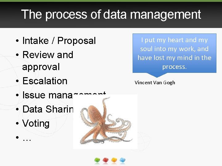 The process of data management • Intake / Proposal • Review and approval •