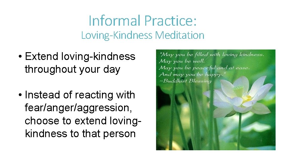 Informal Practice: Loving-Kindness Meditation • Extend loving-kindness throughout your day • Instead of reacting