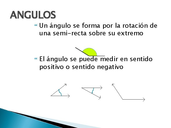 ANGULOS Un ángulo se forma por la rotación de una semi-recta sobre su extremo