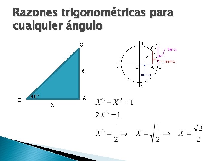 Razones trigonométricas para cualquier ángulo C X O 45° A X 
